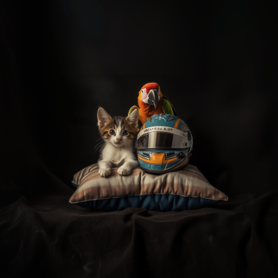 Puppy and Kitten with Helmets