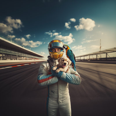 Formula One Driver with Puppy and Parrot