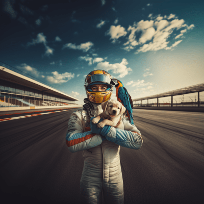 Formula One Driver with Puppy and Parrot