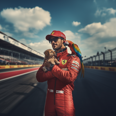 Formula One Driver with Puppy and Macaw