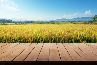 Rice Field and Wooden Tabletop