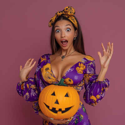 Surprised Young Latina with Halloween Pumpkin