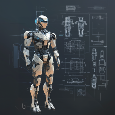 Futuristic Robot with Blueprint Overlays