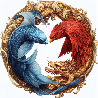 Fantasy Emblem of Fish, Hawk, and Dragon