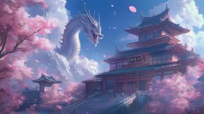 Temple with Dragon and Cherry Blossoms