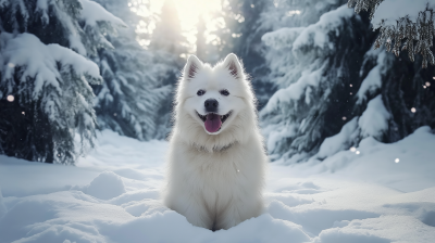 Fluffy White Dog in Snow