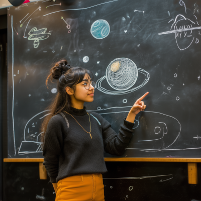 Student Pointing at Planet Drawing