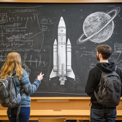 Students Discussing Rocket Drawing