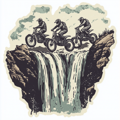 Motorbike Riders Over Waterfall