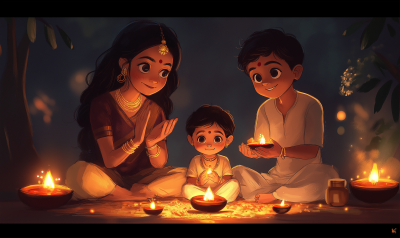 Family Celebrating Diwali Pooja