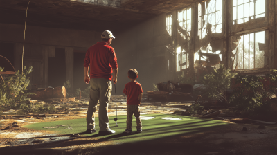 Father and Son Golfing in Dystopia