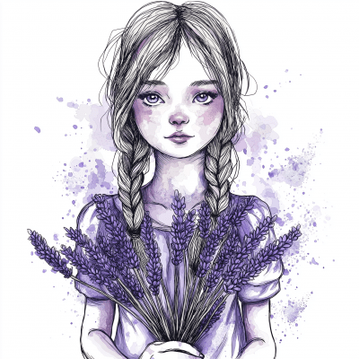 Quirky Girl with Lavender Bouquet