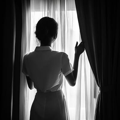Androgynous Figure by Hotel Window