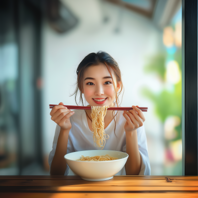 Happy Asian Woman Eating Noodles