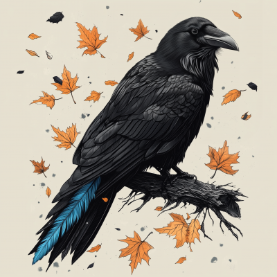 Raven with Blue Feather