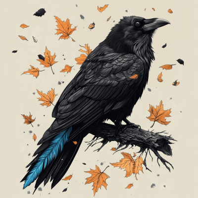 Raven with Blue Feather