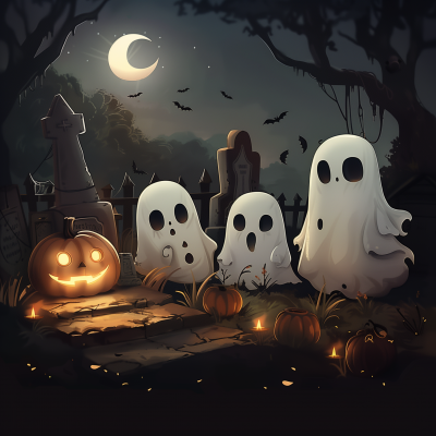 Cute Ghost Family in Graveyard