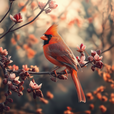 Male Cardinal on Flowered Branch