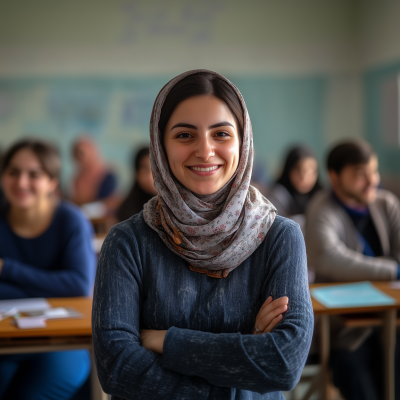 Happy Iranian Teacher in Classroom