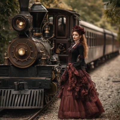 Victorian Lady Near Steampunk Train