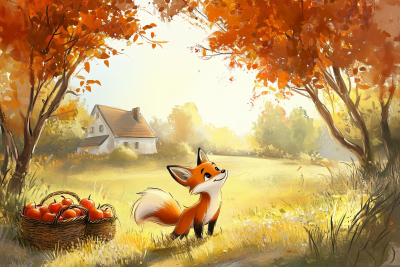 Playful Fox in Apple Orchard