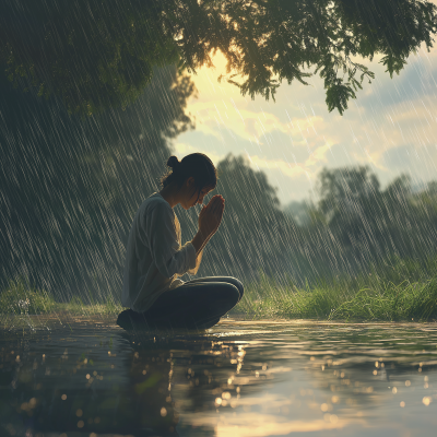 Serene Prayer in the Rain