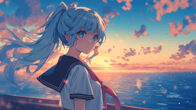 Girl in Sailor Uniform at Sunset