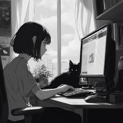 Girl Working with Cat