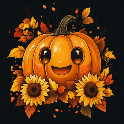 Kawaii Pumpkin in Sunflowers