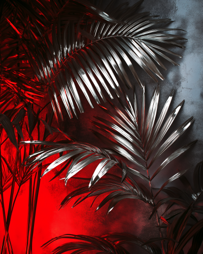 Chrome Palm Leaves with Neon Lighting