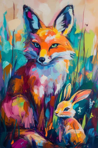 Fox and Rabbit in the Woods