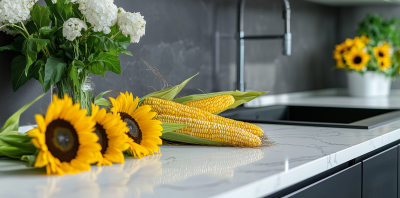 Modern Kitchen Countertop with Corn and Sunflowers