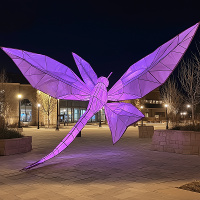 Lavender Origami Dragonfly Sculpture at Night