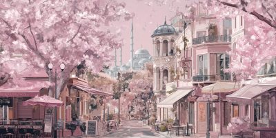 Istanbul Cityscape with Cherry Blossoms