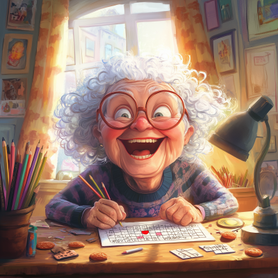 Laughing Grandma with Crossword