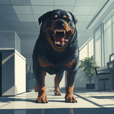 Snarling Rottweiler in Modern Office