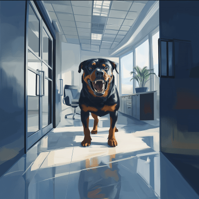 Snarling Rottweiler in Modern Office