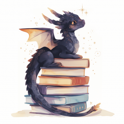 Cute Black Dragon on Books