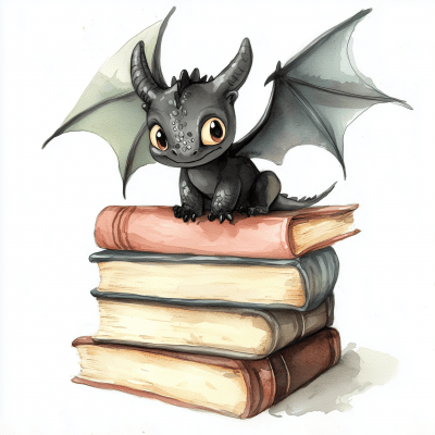 Cute Black Dragon on Books