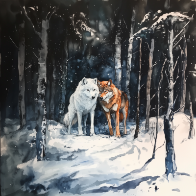 White and Brown Wolves in Winter Forest