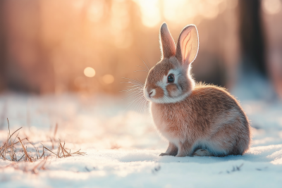 Cute Rabbit in Winter Forest