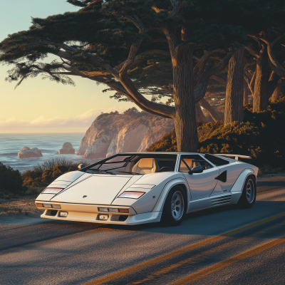 White Lamborghini Countach on Coastal Road