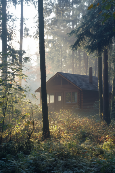 Morning Cabin in the Forest