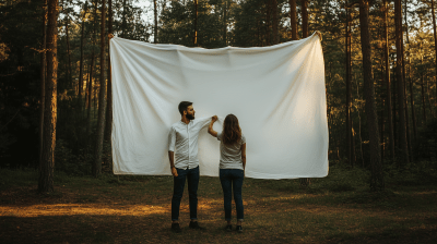 Couple with White Bed Sheet