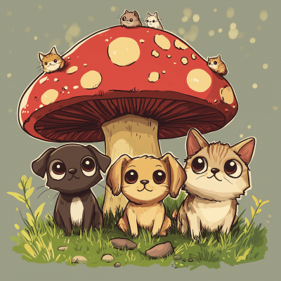 Dogs and Cats on a Mushroom