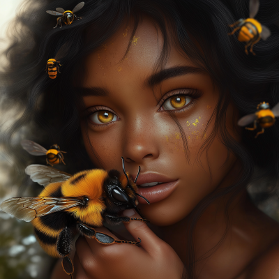 Biracial Female Holding Bumble Bee