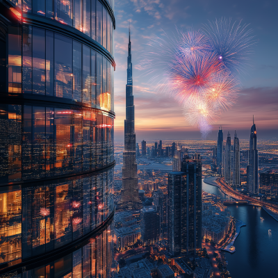 Modern Dubai Tower with Fireworks