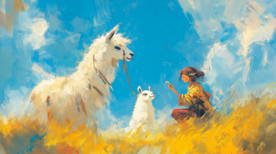 Little Girl with White Llama