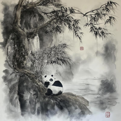 Traditional Chinese Ink Painting with Panda