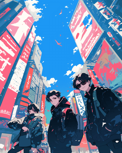 Three Young Men in Manga Style